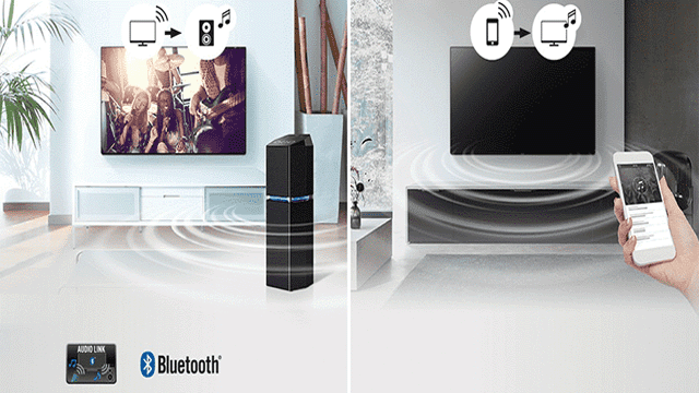 Woonkamer met tv, luidspreker en smartphone. Audio wordt draadloos gestreamd van smartphone naar tv of luidspreker.
