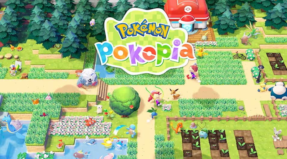 Colourful Pokémon explore a cosy forest village; the lively scenery and logo reveal this charming world as a Pokémon video game.