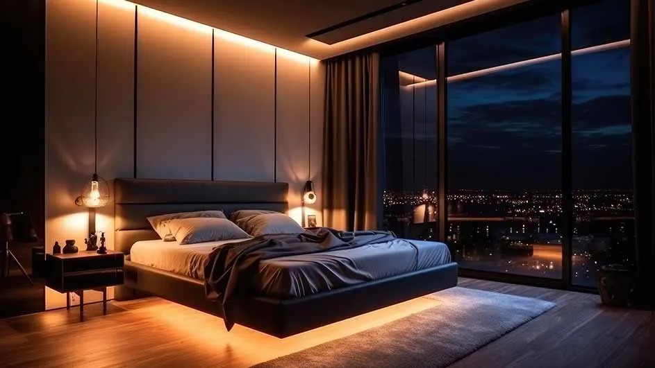 Een moderne slaapkamer met groot bed, sfeerverlichting, nachtkastjes en een panoramisch uitzicht op de stad. Geen merk zichtbaar.