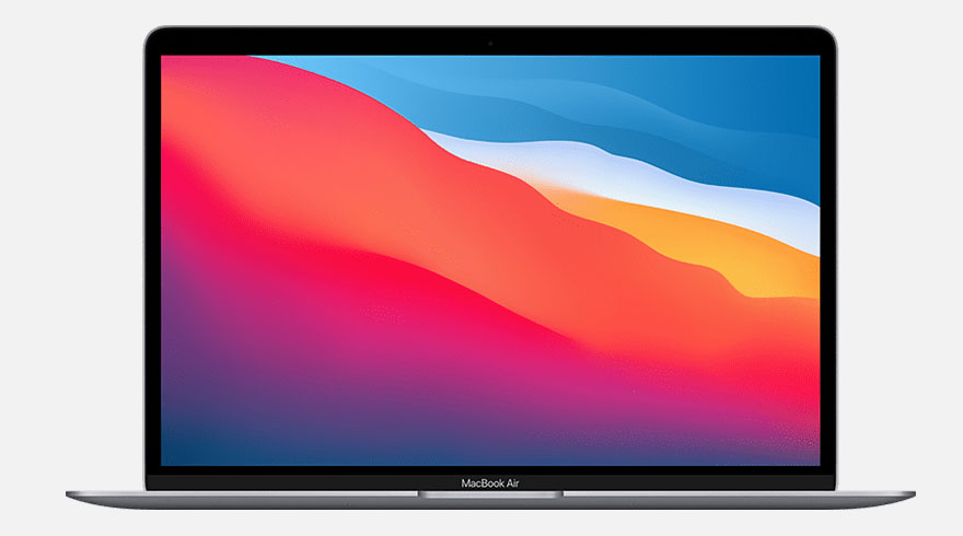 Een open MacBook Air met een scherm dat een abstracte, kleurrijke achtergrond toont.