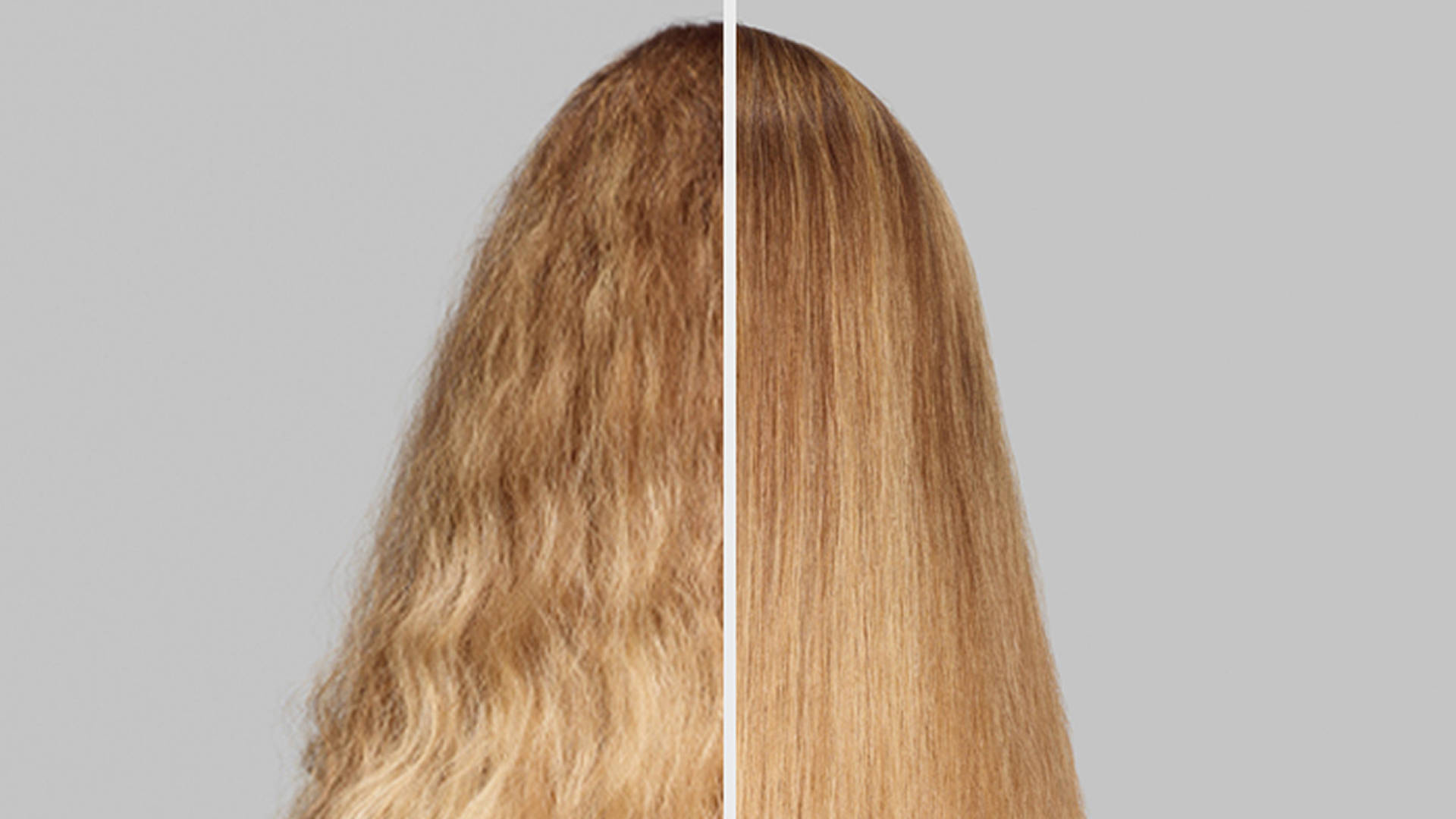 Vergelijking van blond haar, links pluizig en rechts glad, gescheiden door een verticale lijn.