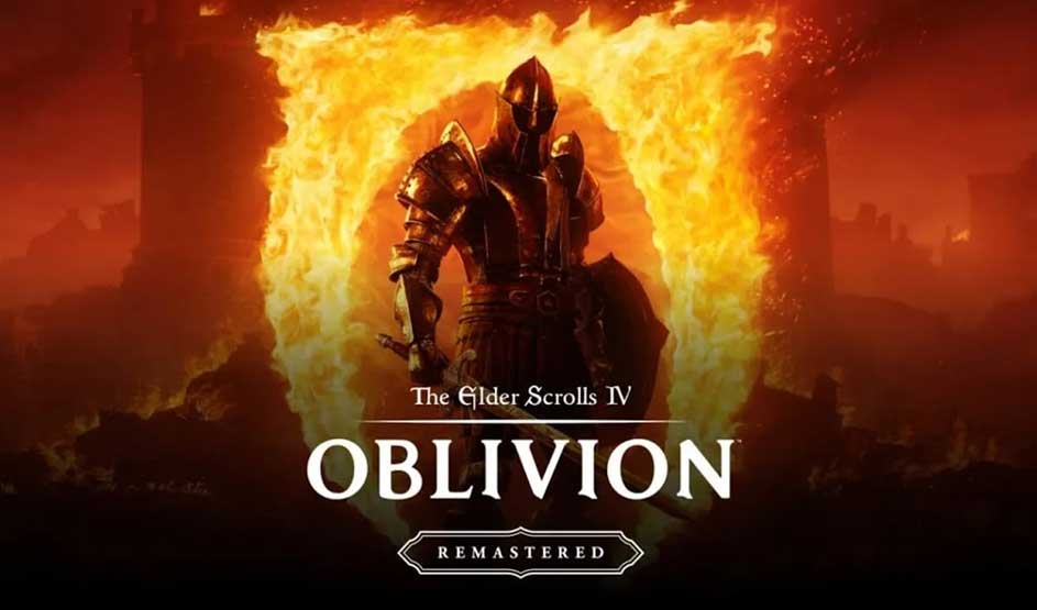 Een ridder in harnas staat voor een vurige poort in een duister landschap. The Elder Scrolls IV: Oblivion Remastered van Bethesda.