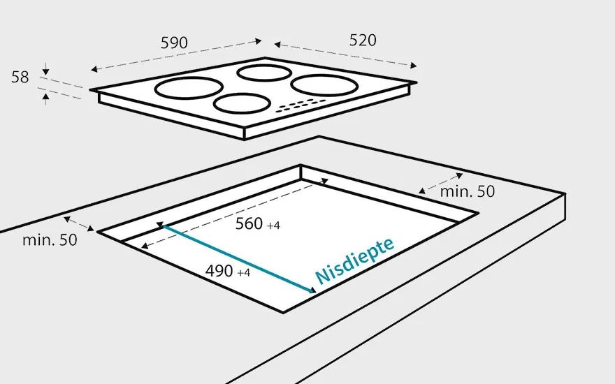 Schema met afmetingen voor inbouw van een kookplaat: nis 560x490 mm, plaat 590x520 mm, hoogte 58 mm, met vrije ruimte van minimaal 50 mm.