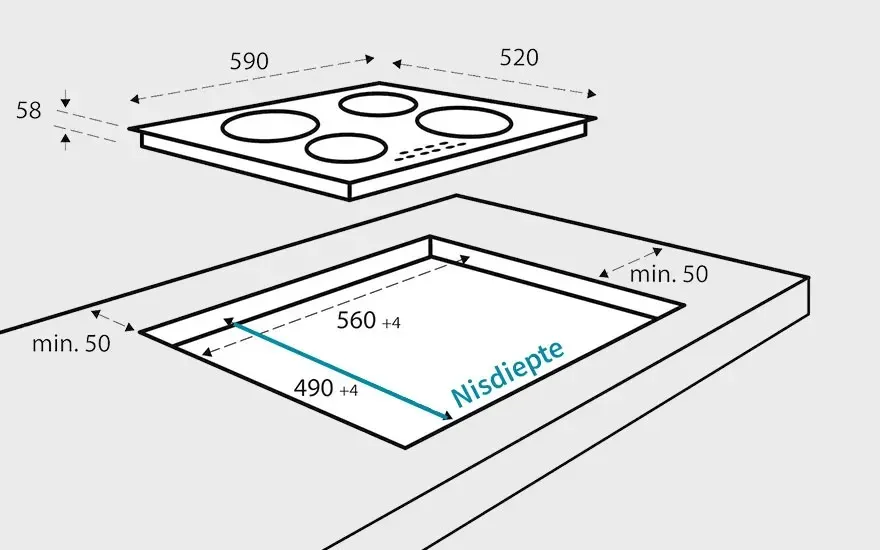 Schema met afmetingen voor inbouw van een kookplaat: nis 560x490 mm, plaat 590x520 mm, hoogte 58 mm, met vrije ruimte van minimaal 50 mm.