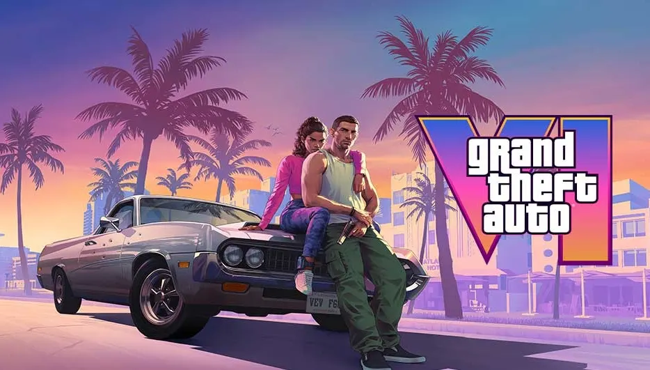 Twee hoofdpersonages leunen tegen een klassieke auto bij zonsondergang, palmbomen en het logo van Grand Theft Auto VI ernaast.