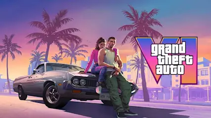 Two main characters rest against a classic car at sunset, framed by palm trees and the bold Grand Theft Auto VI logo.