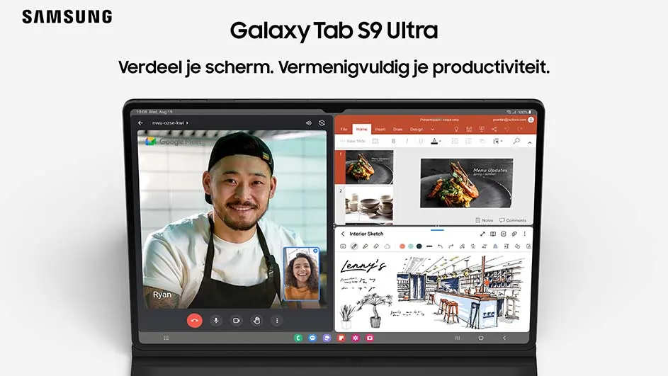 Samsung Galaxy Tab S9 Ultra toont een videoscherm met een man en een vrouw, naast een scherm met menu-updates en een interieurschets.