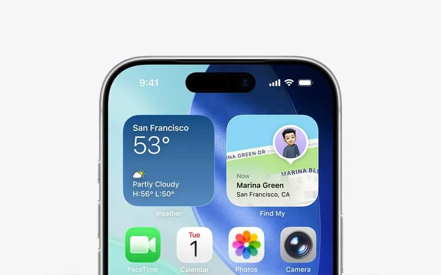 Het bovenste deel van een smartphone toont widgets met het weer in San Francisco, een kaartlocatie en kleurrijke snelkoppelingen naar apps.