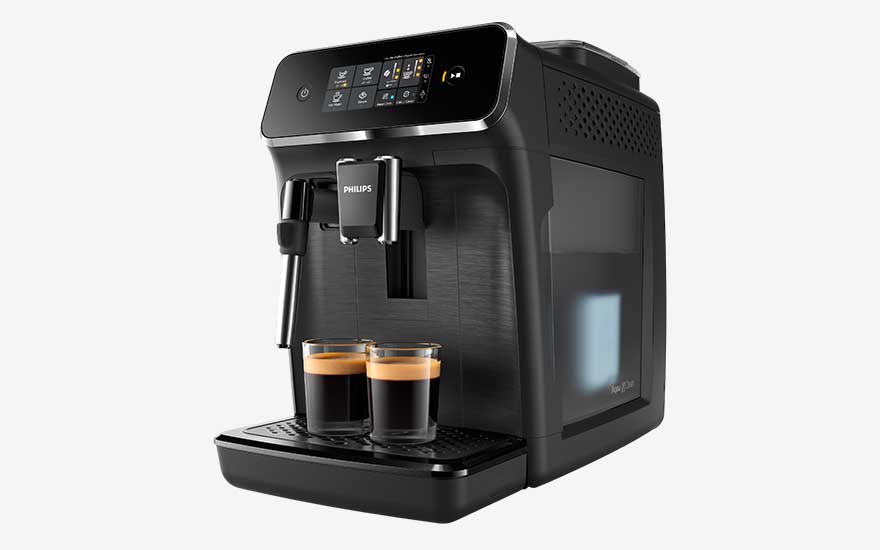 Black Philips espresso machine with a digital display and two small glass cups filled with fresh espresso.