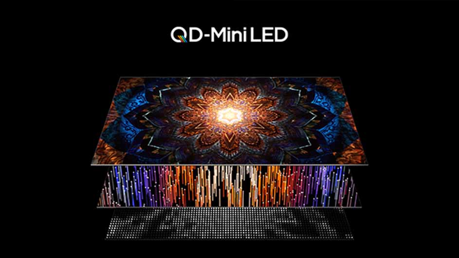 QD-Mini LED-weergave met een abstracte bloem erboven, verticale gekleurde lijnen in het midden en een raster van stippen onderaan.