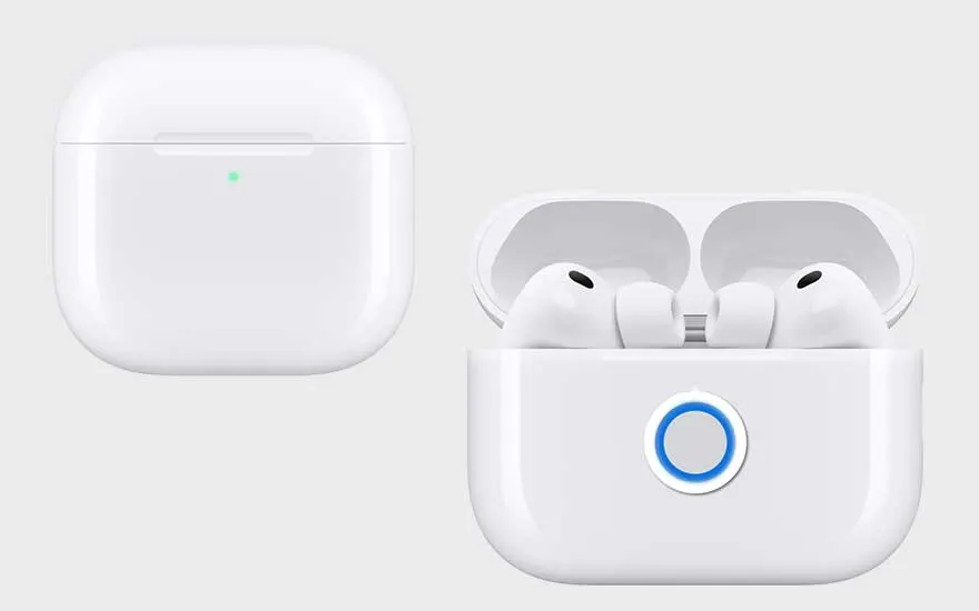 Een witte draadloze oordopjeset in een open en gesloten oplaadcase, beide getoond naast elkaar op een witte achtergrond.