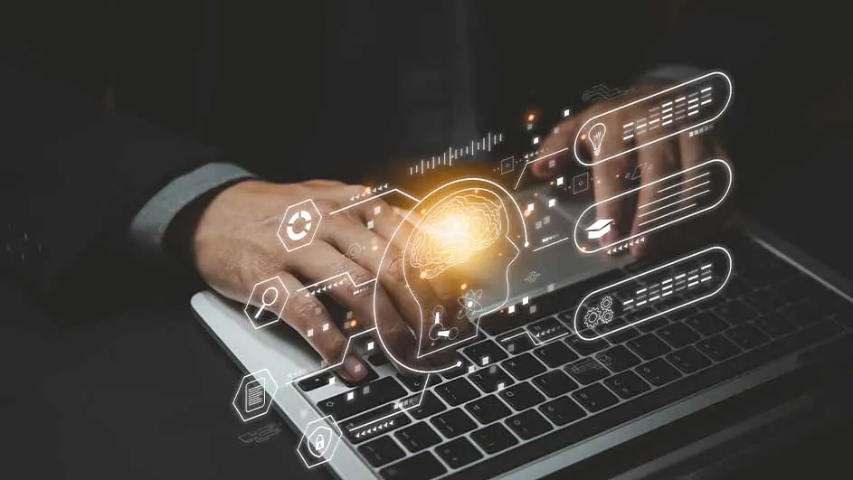 Man typt op laptop, met digitale grafieken van hersenen, tandwiel, lamp en documenten. Zwarte achtergrond.