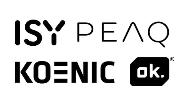 Het beeld toont de bedrijfslogo's ISY PEAQ, KOENIC en OK in zwarte letters op een witte achtergrond.