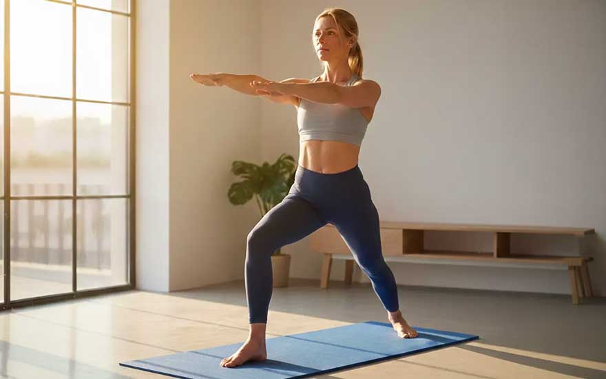 Vrouw doet rustig yoga op een blauwe mat in een zonnige kamer, strekt haar armen naar voren in een krachtige houding.