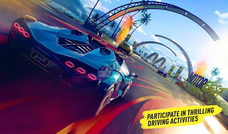 Blauwe sportwagen racet op een kleurrijke baan met boogvormige constructies en palmbomen in een videogame-omgeving.