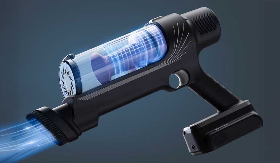 Een draadloze Xiaomi stofzuiger wordt getoond met transparante cilinder en zichtbare luchtstromen.