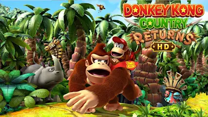 Een groene jungle toont Donkey Kong, Diddy Kong, een neushoorn, een vlieg en een gemaskerd personage. De titel 'Donkey Kong Country Returns HD' staat erboven.