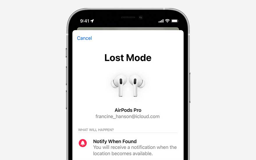 Smartphone screen shows Lost Mode for wireless earbuds, listing the owner’s email and explaining alerts that appear when they are found.