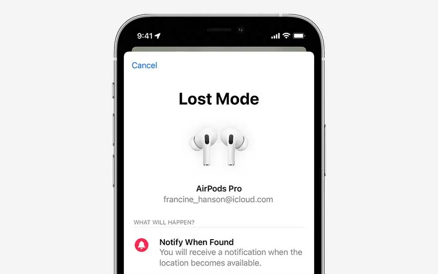 Smartphone screen shows Lost Mode for wireless earbuds, listing the owner’s email and explaining alerts that appear when they are found.