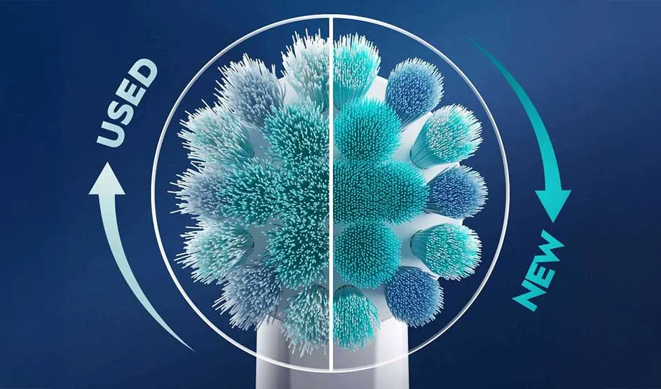 Comparison between used and new toothbrush head with turquoise bristles on blue background.