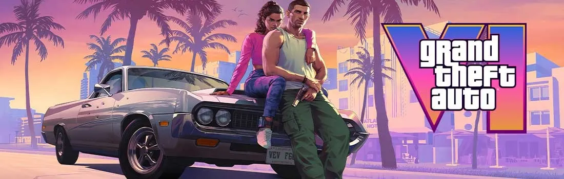 Twee hoofdpersonages leunen tegen een klassieke auto bij zonsondergang, palmbomen en het logo van Grand Theft Auto VI ernaast.