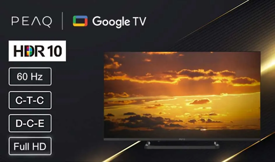 Een PEAQ Google TV met HDR10, 60 Hz en Full HD toont een zonsondergang; specificaties staan links in beeld.