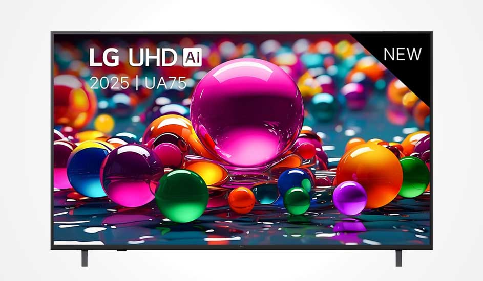 Een LG UHD AI televisie uit 2025, model UA75, toont kleurrijke bollen op het scherm en heeft een “NEW” label rechtsboven.