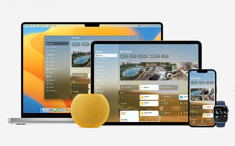 Op laptop, tablet, telefoon en smartwatch staat dezelfde smart home-app; ervoor staat een gele slimme speaker, alles op een lichte achtergrond.