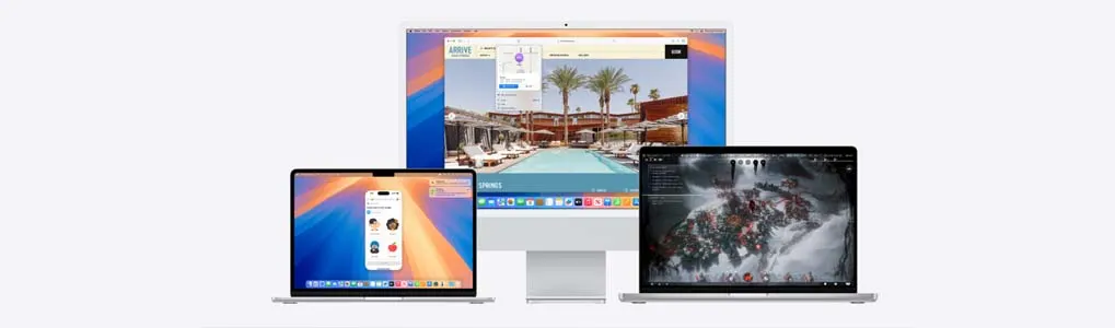 Drie Apple-computers staan naast elkaar op een witte achtergrond: een iMac in het midden met een afbeelding van een zwembad op het scherm, links een MacBook met een kleurrijk oranje-blauw bureaublad en rechts een MacBook met een donkere game-interface.