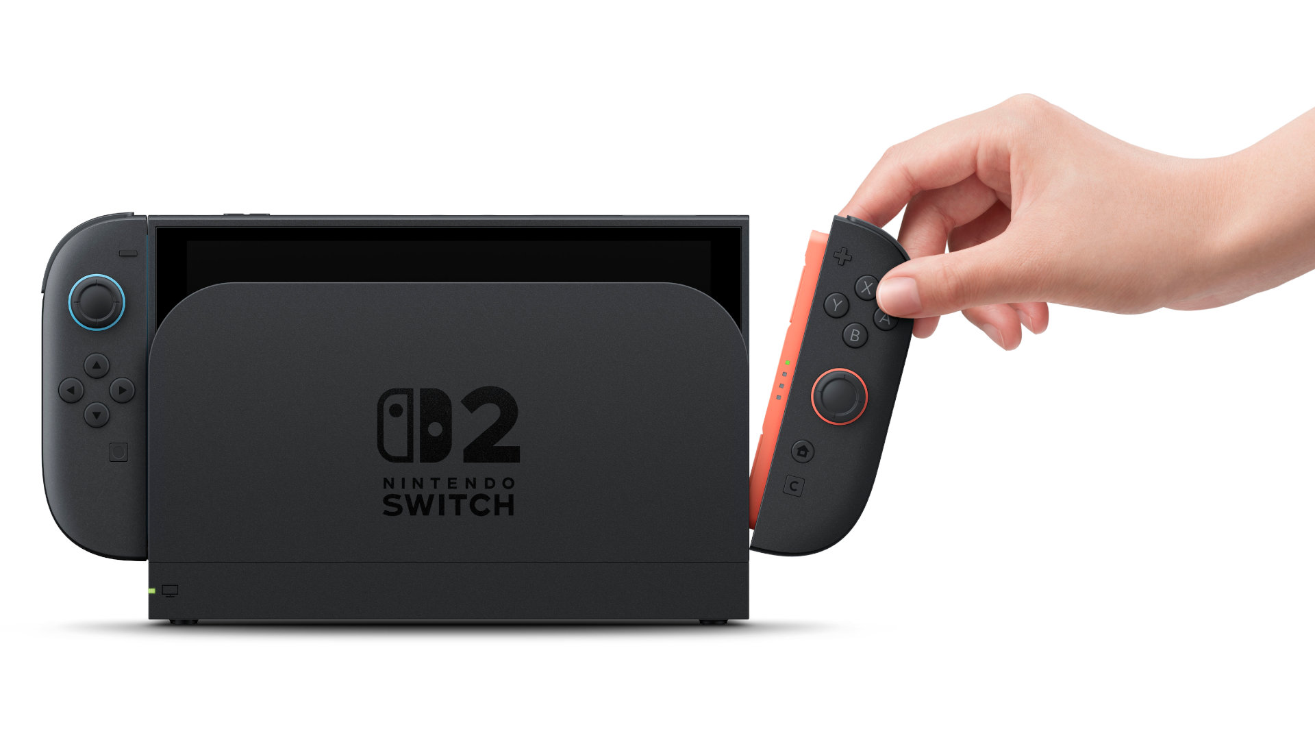 Een hand haalt een rode Joy-Con-controller uit de Nintendo Switch 2-console die in het dock staat, op witte achtergrond.