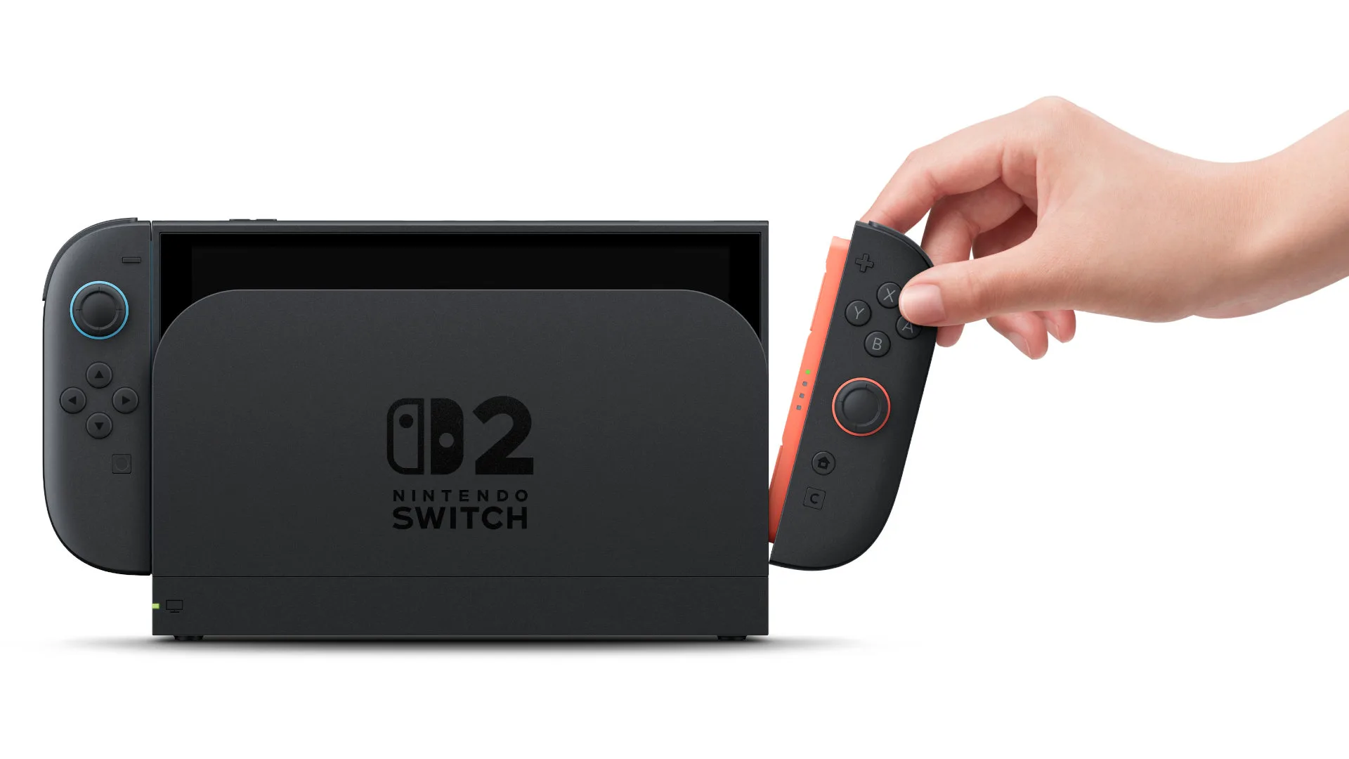 Een hand haalt een rode Joy-Con-controller uit de Nintendo Switch 2-console die in het dock staat, op witte achtergrond.