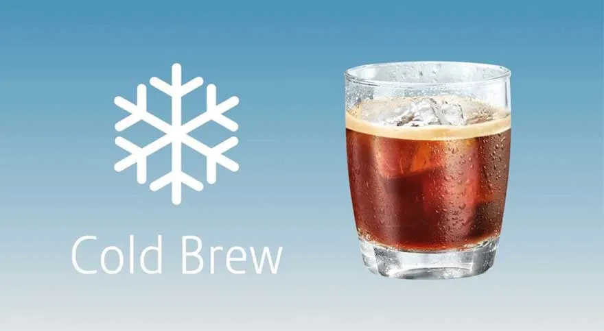 Blauwe achtergrond met een wit sneeuwvlok-icoon en de tekst “Cold Brew”; rechts een glas met ijskoffie, ijsblokjes en condens.