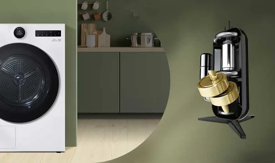 Een witte wasmachine staat in een groene ruimte, naast een zwevende afbeelding van een glanzende motor met gouden onderdelen.
