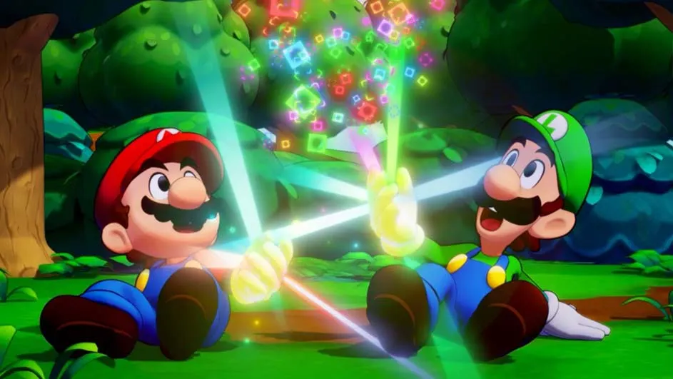 Mario en Luigi zitten op gras en houden lichtgevende staven vast, met kleurrijke vierkanten erboven. Groene bomen op de achtergrond.