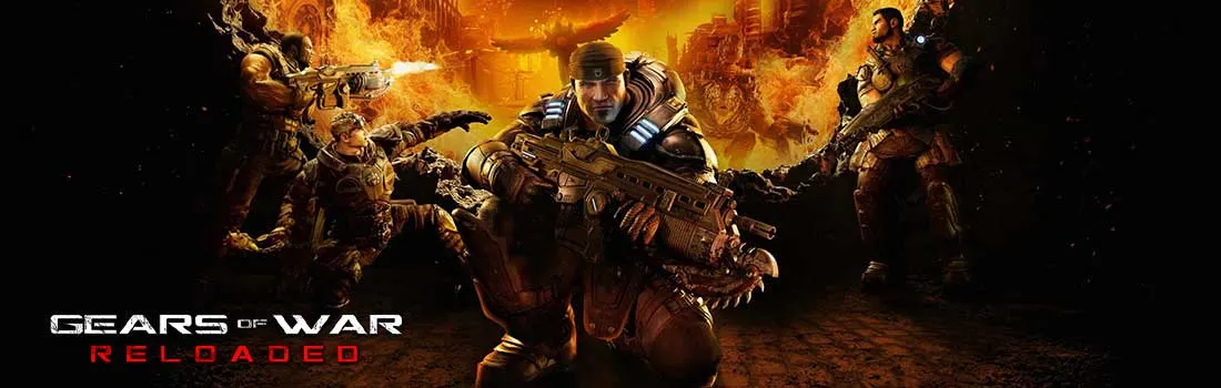 Dramatische Gears of War Reloaded poster met gewapende soldaten omringd door intense vlammen en verwoeste stadsachtergrond. 