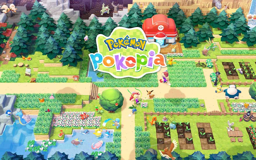 Een kleurrijke bovenaanzichtkaart toont Pokopía, met paden, tuinen, water, bos en vele rondwandelende Pokémon rond een centraal rood dakgebouw.