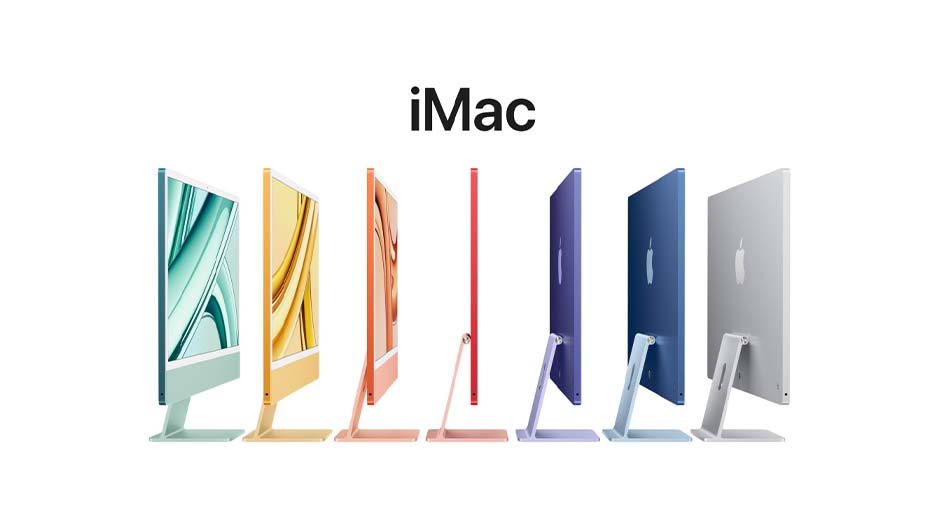 Zeven iMac computers in verschillende kleuren, met het woord "iMac" in het zwart erboven, tegen een witte achtergrond.