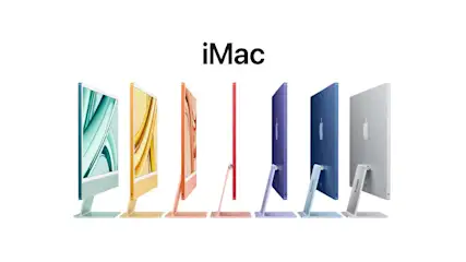 Zeven iMac computers in verschillende kleuren, met het woord "iMac" in het zwart erboven, tegen een witte achtergrond.