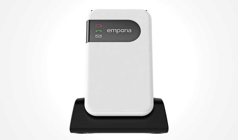 Een witte draagbare powerbank van Emporia met zwart laadstation. Display toont batterij-, signaal- en e-mailpictogrammen. Compact apparaat voor mobiele oplaading.