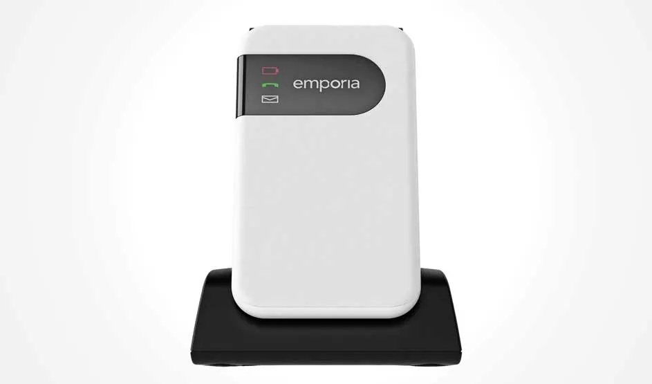 Een witte draagbare powerbank van Emporia met zwart laadstation. Display toont batterij-, signaal- en e-mailpictogrammen. Compact apparaat voor mobiele oplaading.