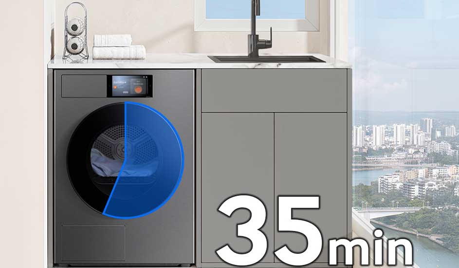 Grijze wasmachine onder aanrecht met groot raam en blauwe tijdsindicator, naast kast en raam met stadszicht, grote 35 min tekst onderaan.