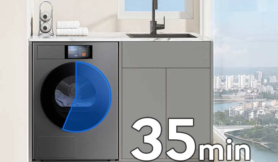 Grijze wasmachine onder aanrecht met groot raam en blauwe tijdsindicator, naast kast en raam met stadszicht, grote 35 min tekst onderaan.
