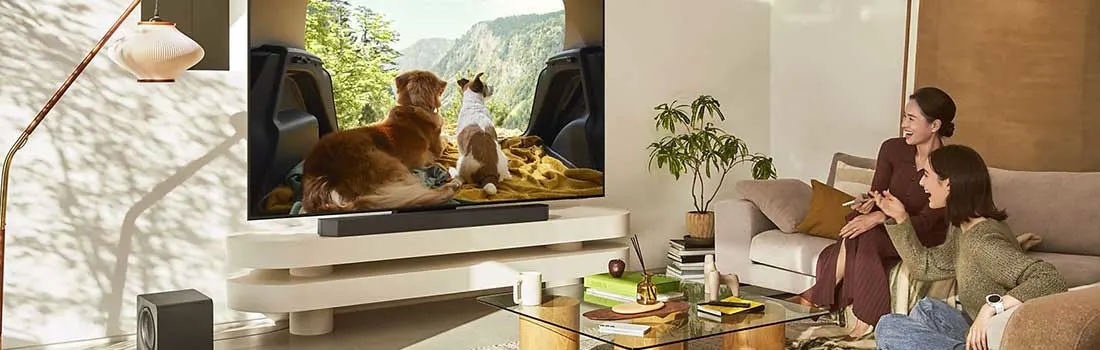 Four people watch soccer on TV in a living room. They are cheering with beer and snacks on the table.
