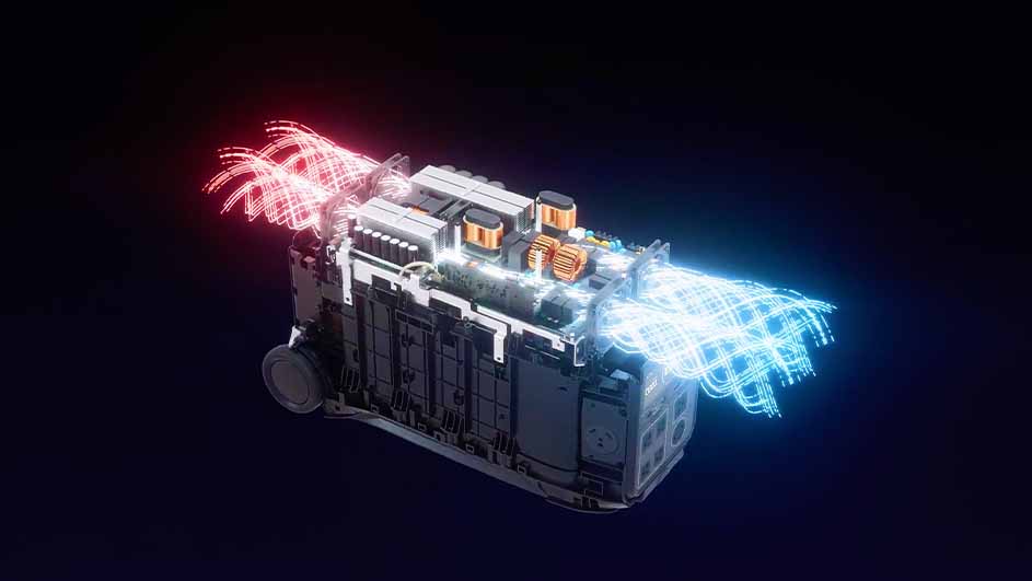 Een zwarte machine met rode en blauwe lichtlijnen. De machine heeft zilveren, zwarte en koperen onderdelen.