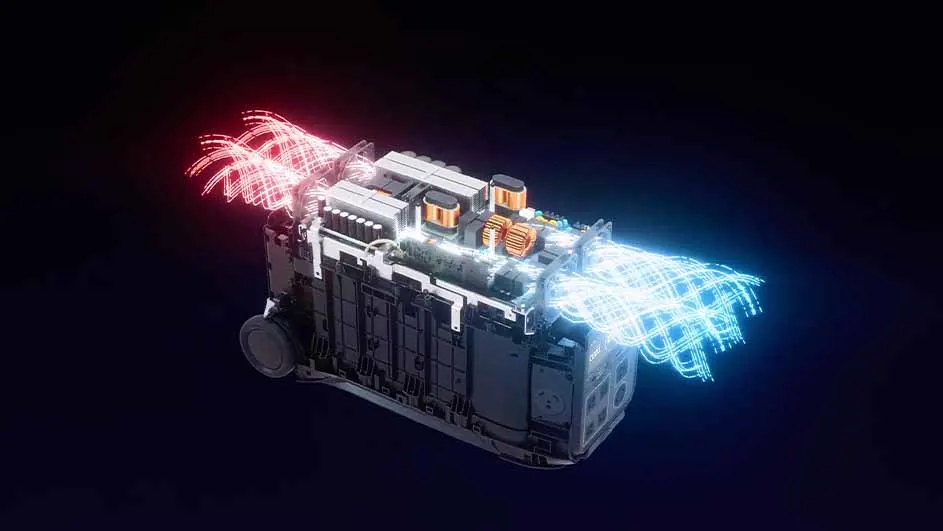 Een zwarte machine met rode en blauwe lichtlijnen. De machine heeft zilveren, zwarte en koperen onderdelen.