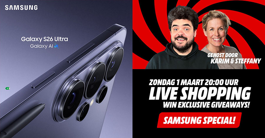 Promotiebanner voor Samsung Galaxy S26 Ultra (Galaxy AI) met close-up van de camera’s en pen, plus aankondiging “Live Shopping” op zondag 1 maart 20:00 uur, gehost door Karim en Steffany, met “Samsung Special” en “Win exclusive giveaways”.