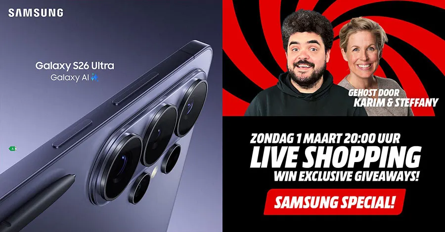 Promotiebanner voor Samsung Galaxy S26 Ultra (Galaxy AI) met close-up van de camera’s en pen, plus aankondiging “Live Shopping” op zondag 1 maart 20:00 uur, gehost door Karim en Steffany, met “Samsung Special” en “Win exclusive giveaways”.