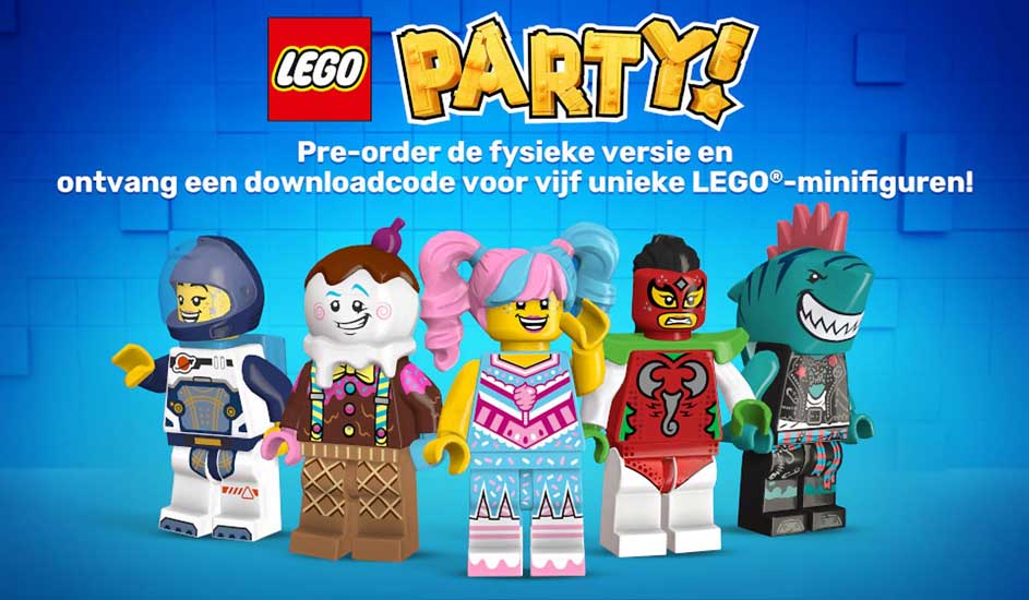 Five colourful LEGO minifigures in fun costumes stand side by side, ready for a party on a blue background.