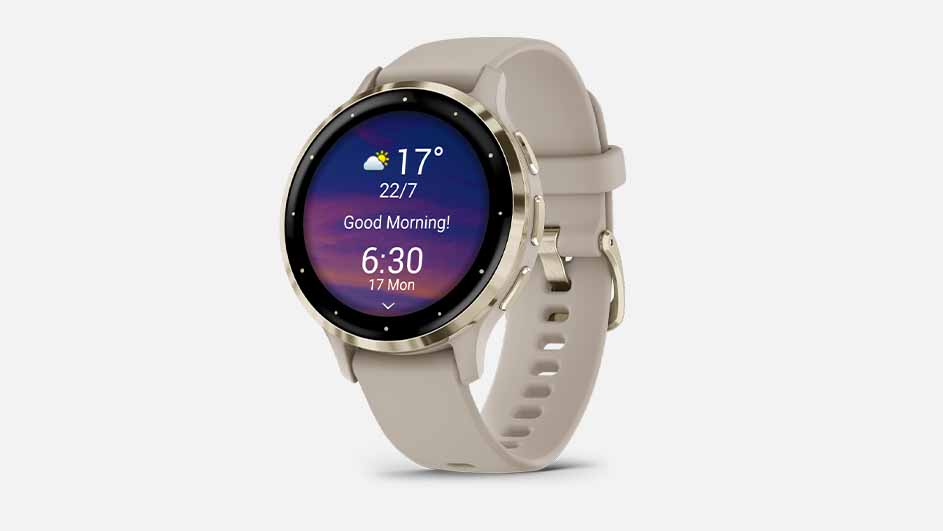 Smartwatch with a beige strap displays a digital watch face showing the time as 6:30 and a temperature of 17 degrees.