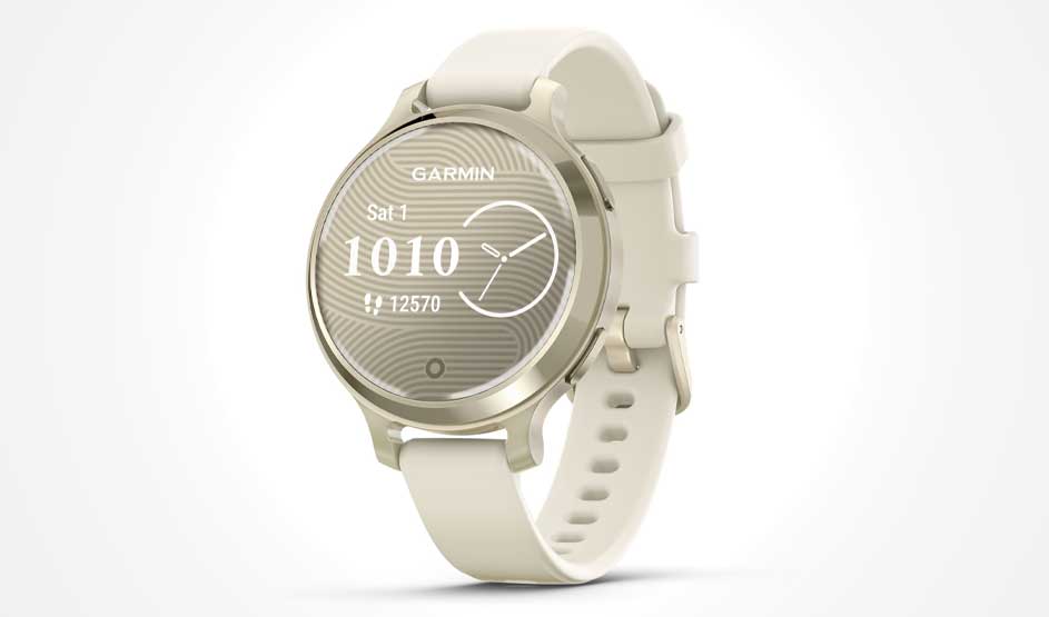 Cream-coloured Garmin smartwatch displaying time 10:10, step count 12570, and striped watch face on white background.